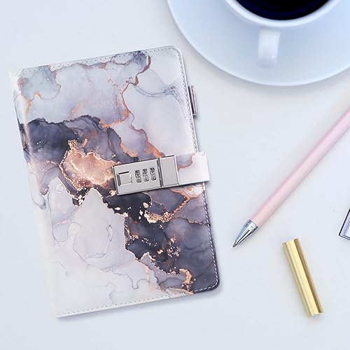 Miniatura 7 de Diario de mármol con cerradura para niñas y mujeres, diario de cuero A5 con cerradura para adolescentes, cuadernos secretos con bloqueo de