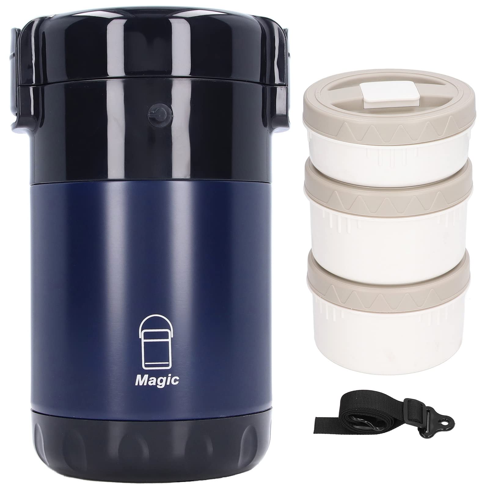 Fiambrera Themral, contenedor de almuerzo apilable de 2,3 l con compartimento de acero inoxidable, interior de doble vacío for adultos, mujeres, hombres y niños (3 capas) (azul profundo)(Deep Blue)