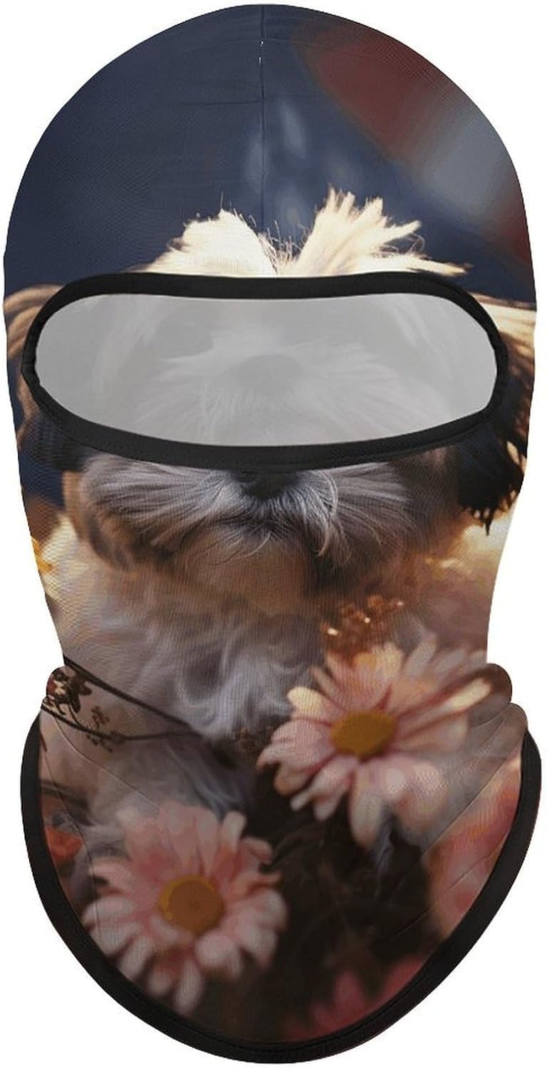 Balaclava Face Mask for Men Women Sun Protection Full Face Cover | Breathable Shih Tzu Dog And Flowers Full Face Mask Windproof Ski Mask Motorcycle Helmet Lining for Outdoor Sport Cycling