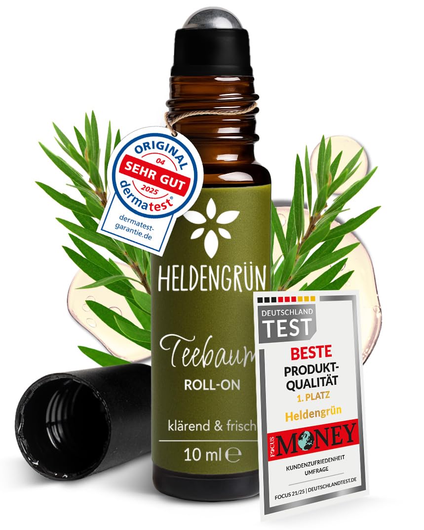Heldengrün® BIO Roll-On Teebaum "Anti-Pickel" [100% NATURREIN] Dermatologisch getestet - 2-in-1: reinigt & pflegt - Teebaumöl Stift mit Jojoba- & Mandelöl