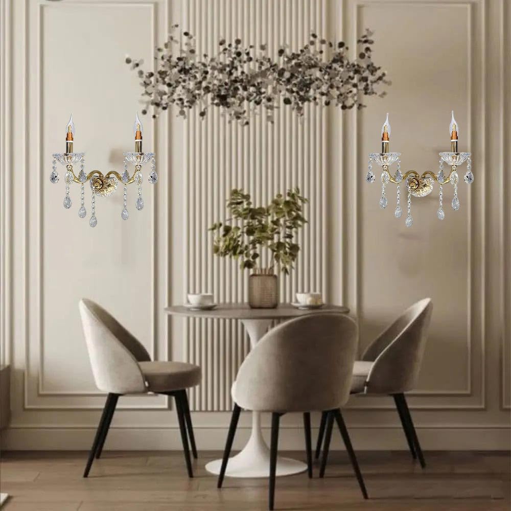 Vetrineinrete® Applique candelabro lampada da parete con gocce pendenti di cristallo in acrilico 2 bracci attacco E14 oro e argento stile retrò E35-O illuminazione lampadario casa (Oro) G66