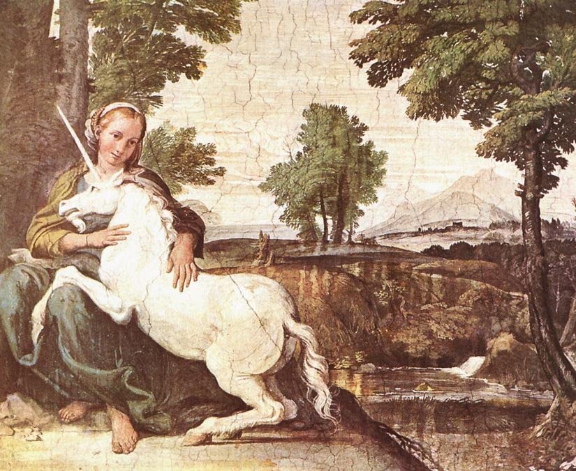 Pintura de lienzo de la doncella y el unicornio, decoración de pared en formato 60x90cm
