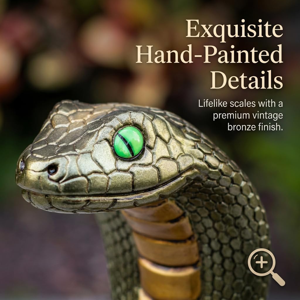 Solar Snake Statue Garden Decor, 14.2" Tall Resin Animal Figurine with Glowing Green Eyes & LED Crackle Glass Globe, Weatherproof Outdoor Yard Sculpture, Mysterious Gift for Patio Lawn