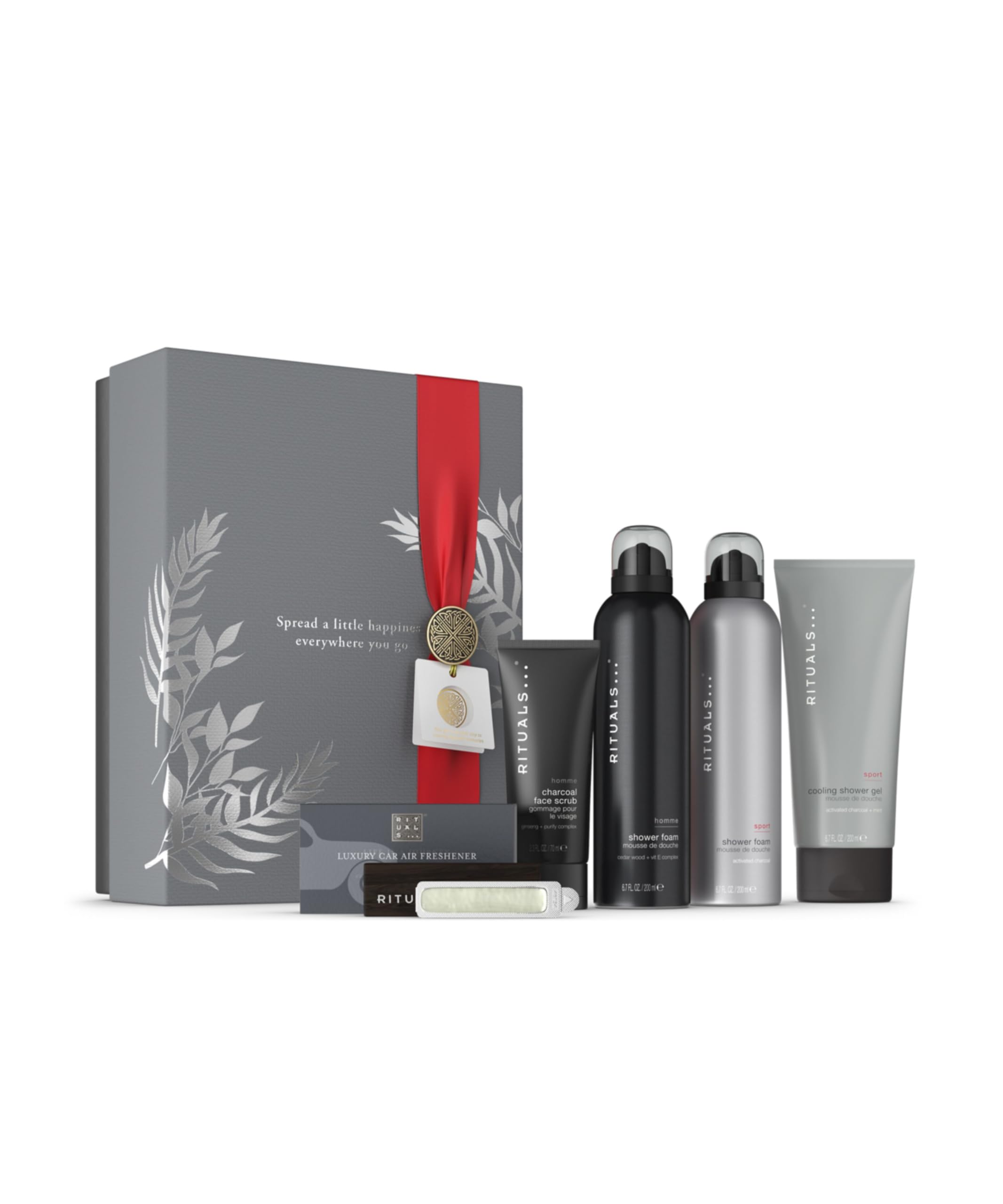 RITUALS Homme Cofanetto regalo uomo, Large – Cofanetto regalo uomo con docciaschiuma in gel, docciaschiuma rinfrescante, scrub viso al carbone e profumo auto – Arricchito con bambù, menta e legno di c