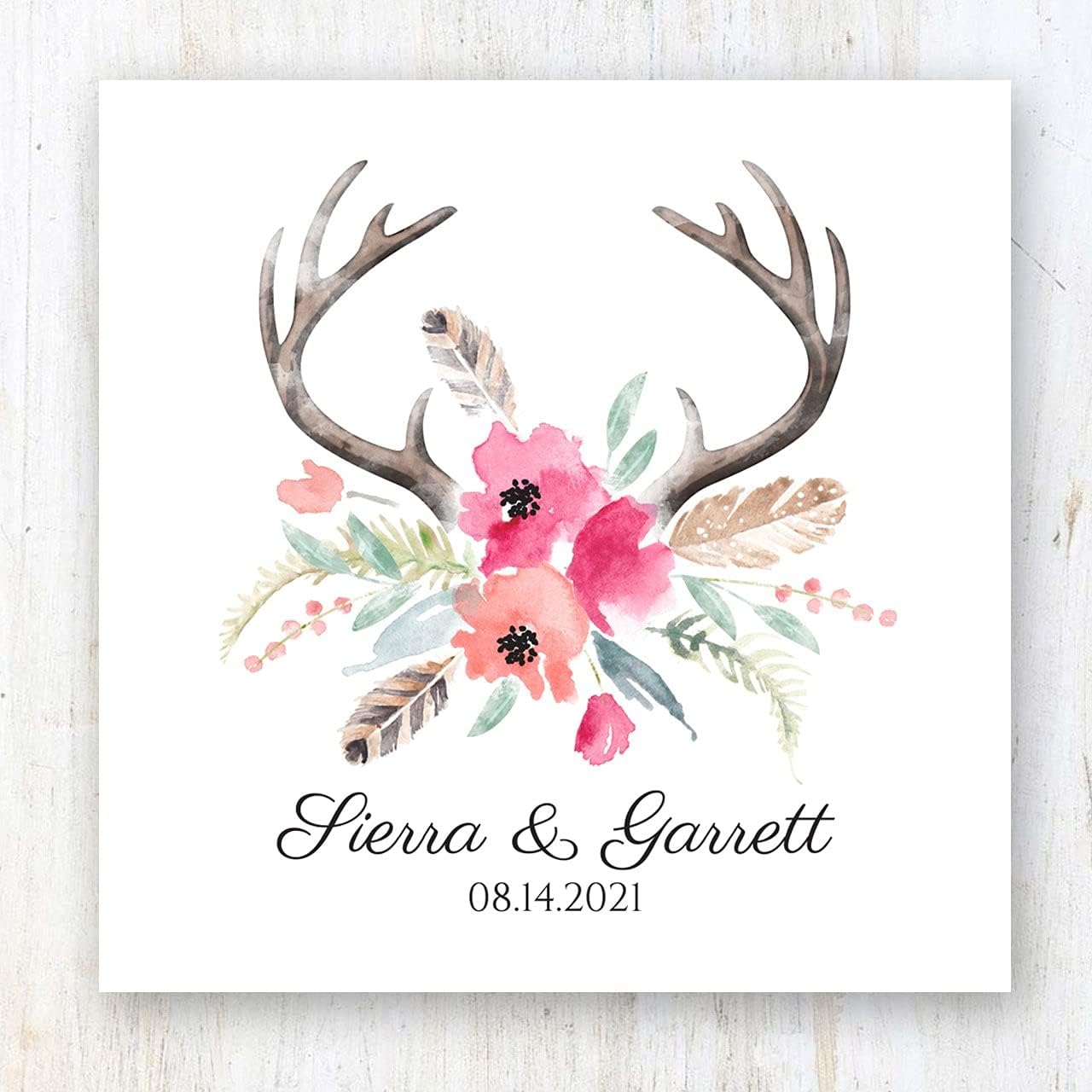 Blooming Antlers Personalized Beverage Napkins / 100 Custom Printed 3 Ply Paper Napkins / 4 3/4" x 4 3/4" Square Pink Floral Feather All Occasion Party Cocktail Napkin Pack/Made In The USA