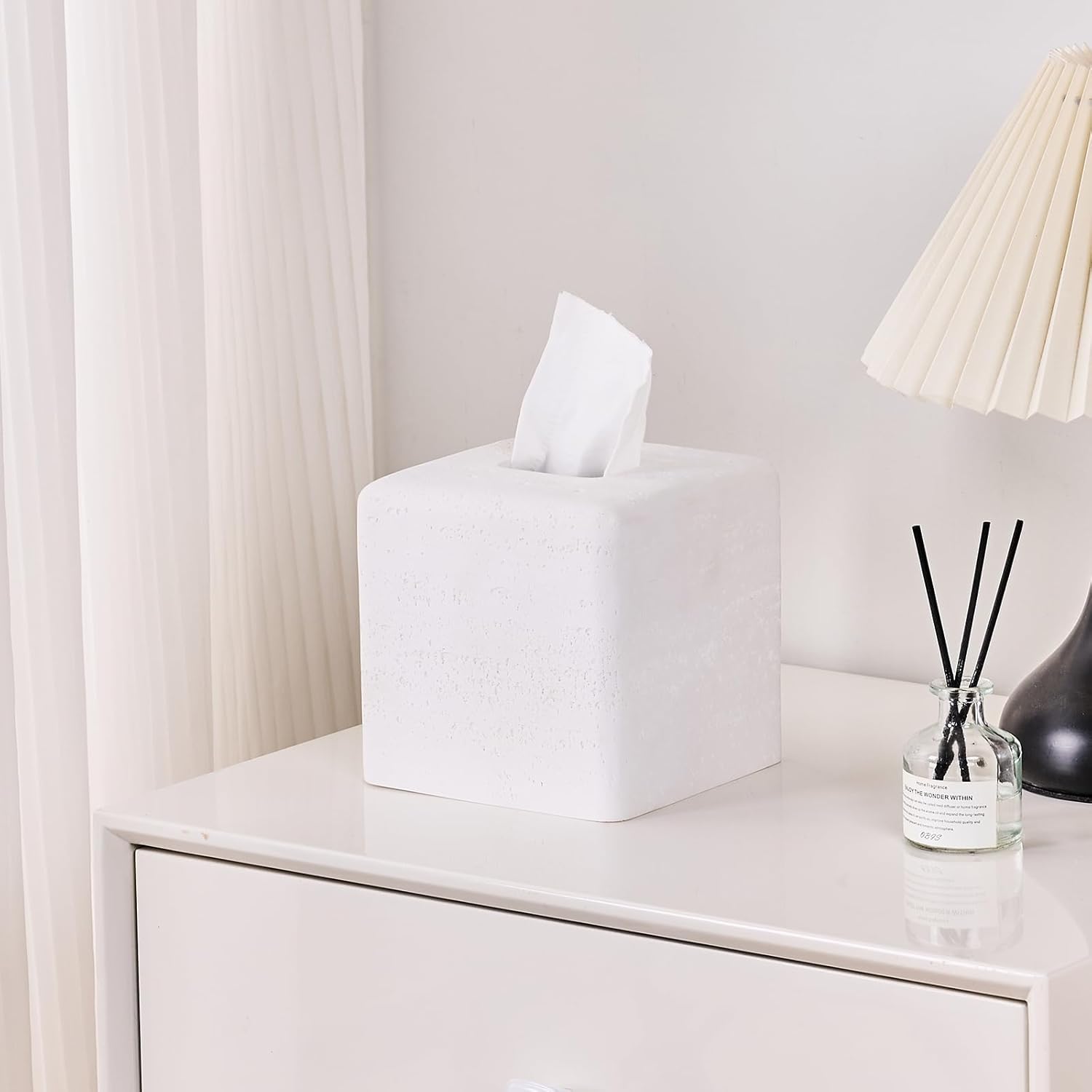 White Natural Travertine Textures Square Tissue Box Cover Holder, Resin Tissue Box Holder Decorative for Bathroom, Vanity, Kitchen Countertop, Bedroom Night Stands, Office Desk Top