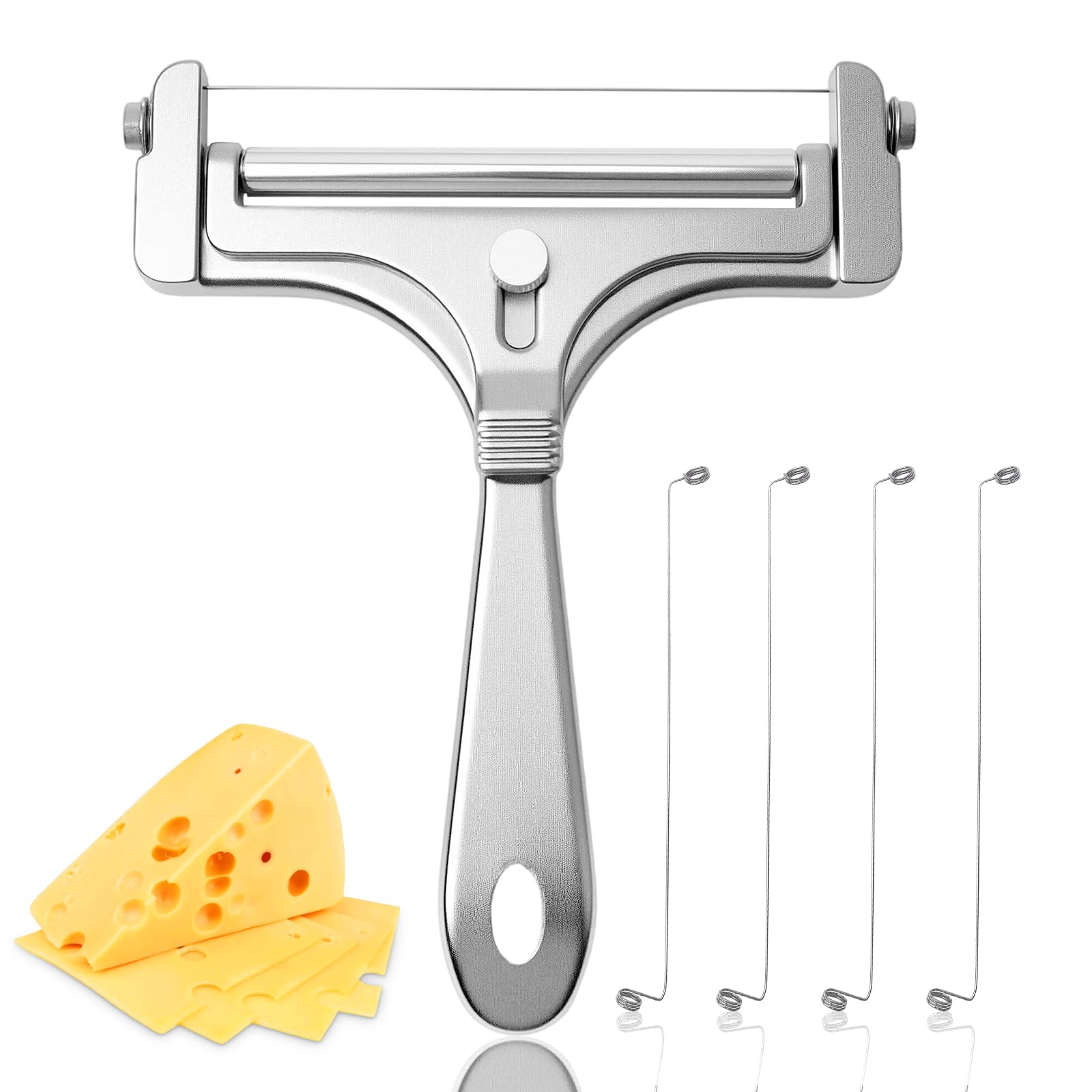 Stainless Steel Wire Cheese Slicer with 4 Extra Wires Adjustable Thickness, Handheld Cheese Cutter Butter Block Cutter for Cheddar, Gruyere, Raclette, Mozzarella Kitchen Slicing Tools