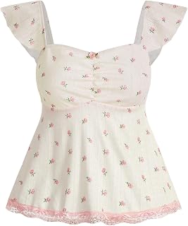 SHENHE Women's Floral Lace Trim Sweetheart Neckline Cap Sleeve Ruffle Peplum Cute Top Price In India