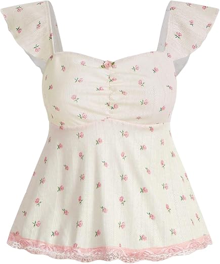 SHENHE Women's Floral Lace Trim Sweetheart Neckline Cap Sleeve Ruffle Peplum Cute Top