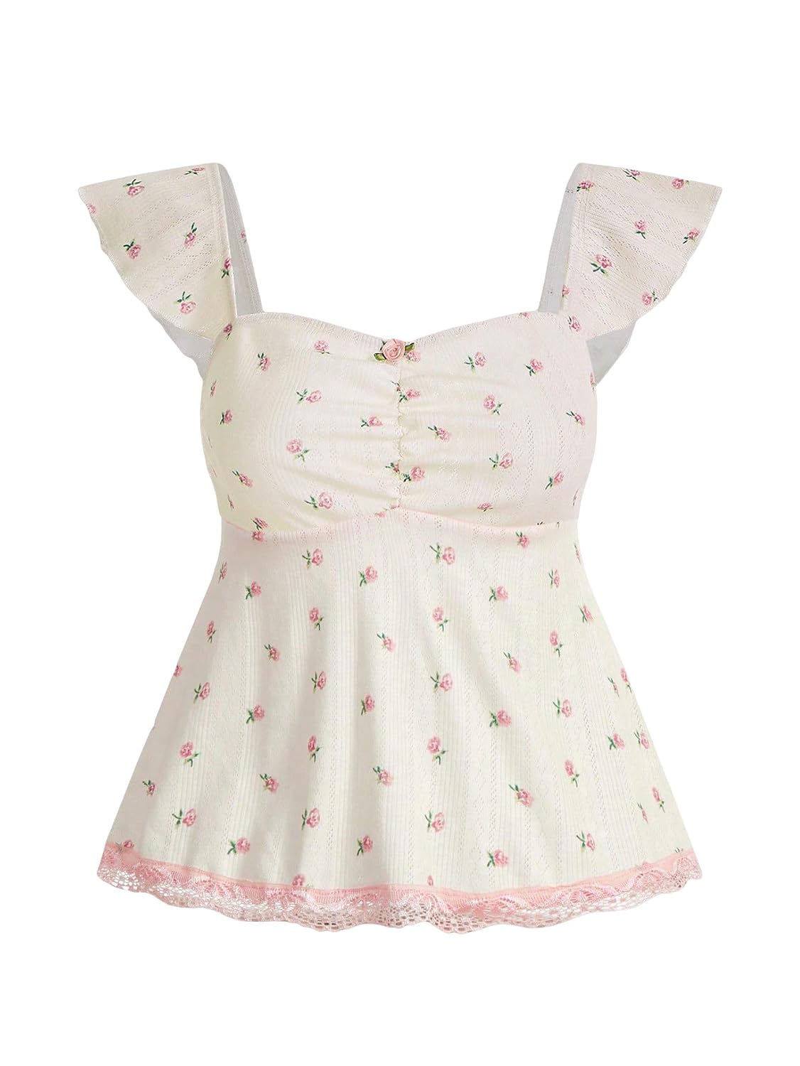 SHENHE Women's Floral Lace Trim Sweetheart Neckline Cap Sleeve Ruffle Peplum Cute Top