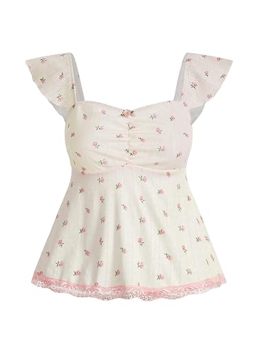 SHENHE Women's Floral Lace Trim Cap Sleeve Ruffle Peplum Cute