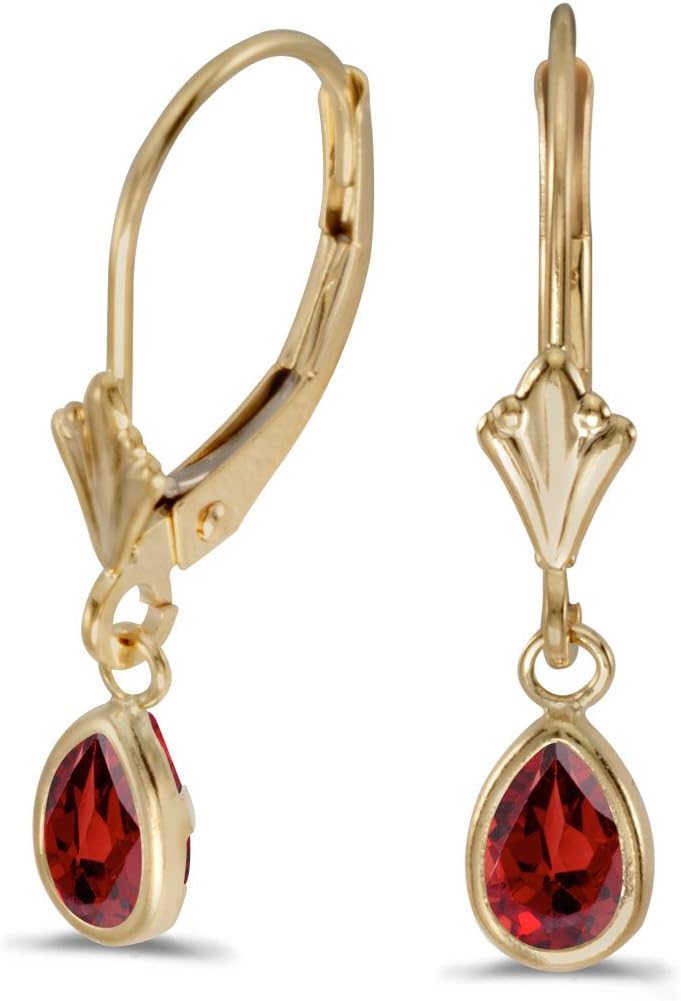14k Yellow Gold Pear Garnet Bezel Lever-back Earrings