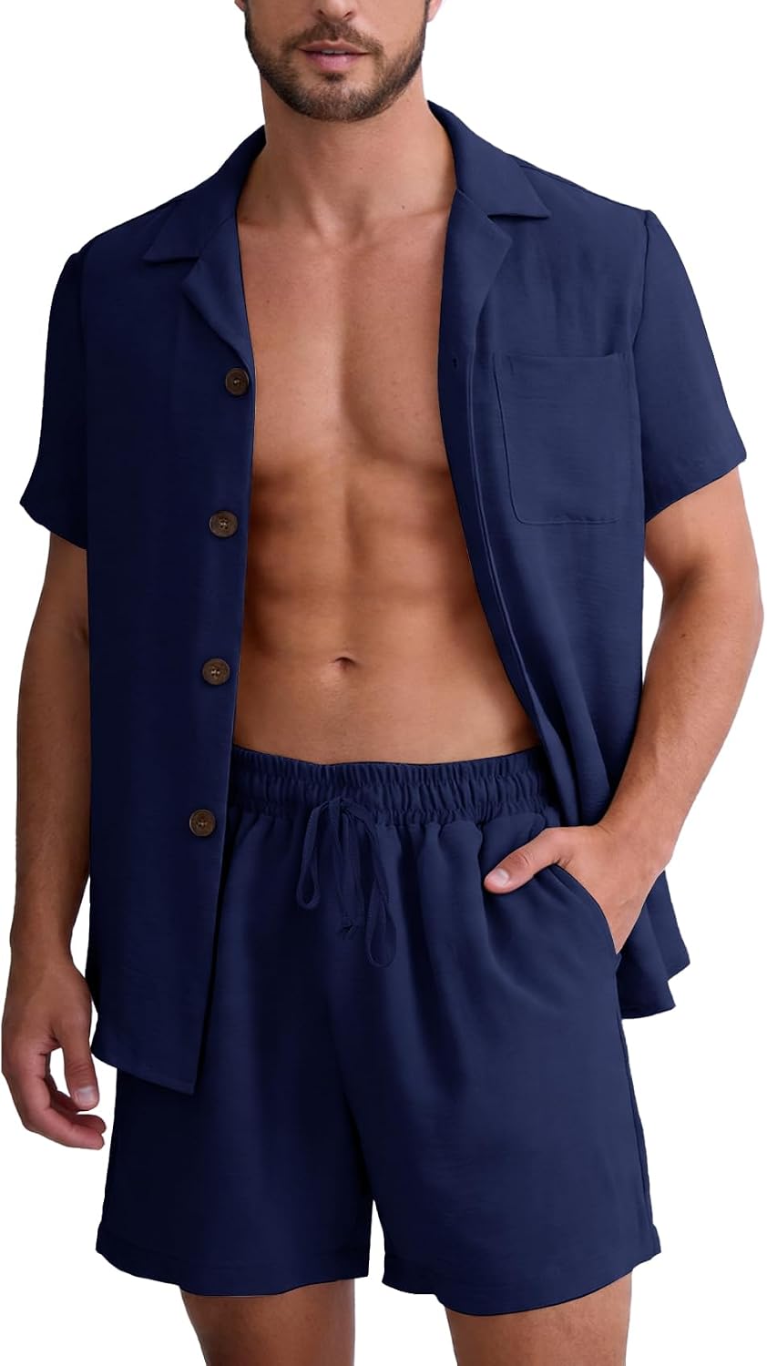 Flygo Mens 2 Piece Summer Short Sets Beach Vacation Texture Outfits Short Sleeve Button Down Shirts Shorts Loungewear Set