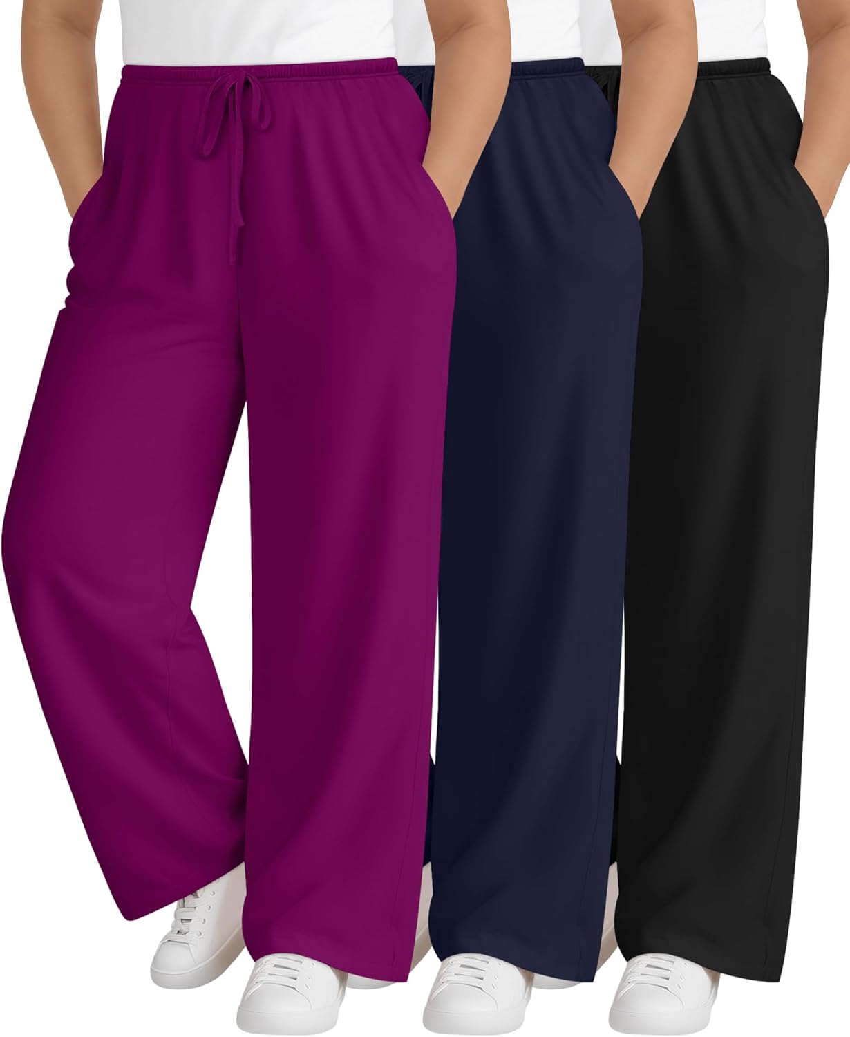 3 Pack Women's Plus Size Lounge Pants with Pockets, Wide Leg Loose Drawstring Pants Casual Sweatpants Jogger Pant