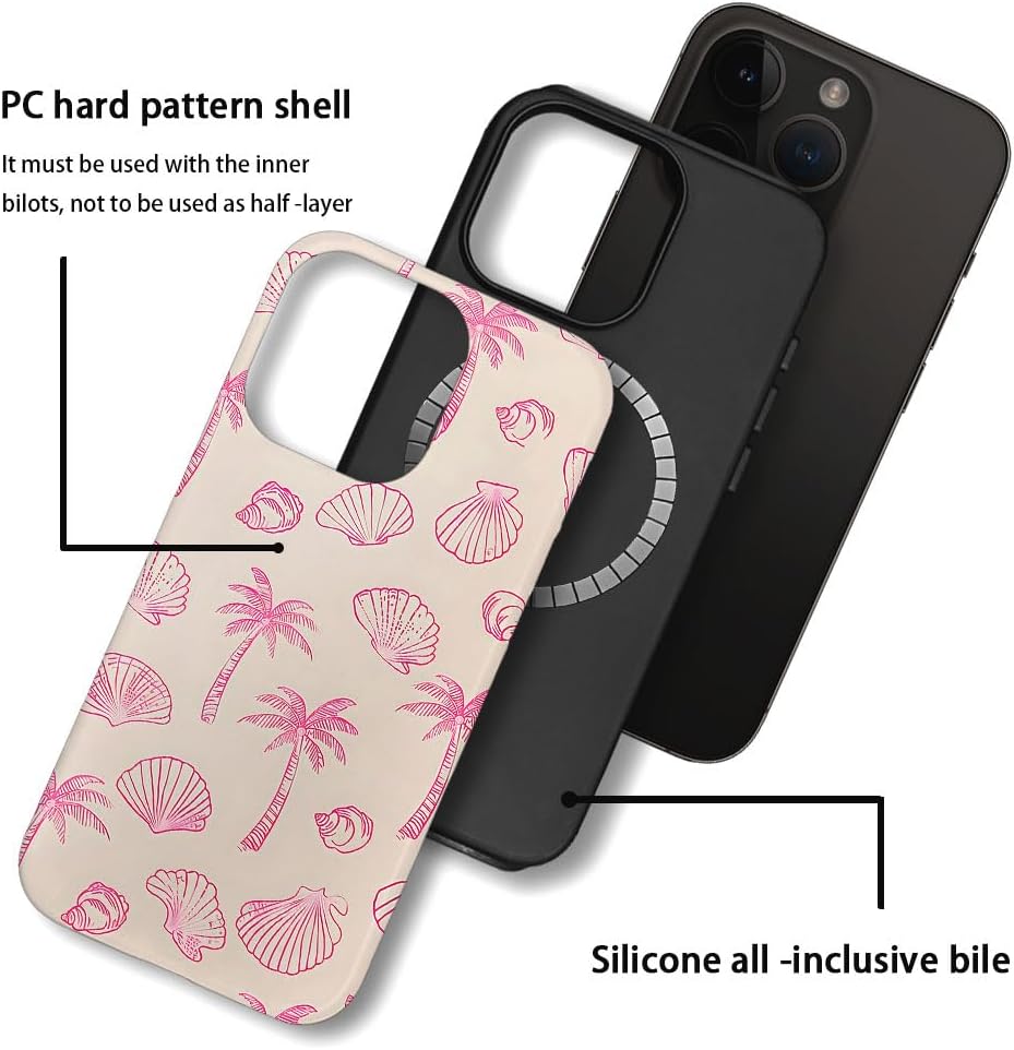 DAIZAG Case Compatible with iPhone 14 Pro, [Compatible with MagSafe],Shockproof Protective Phone Case for Girl Women - Pink Seashells Palm Trees Beach image 3