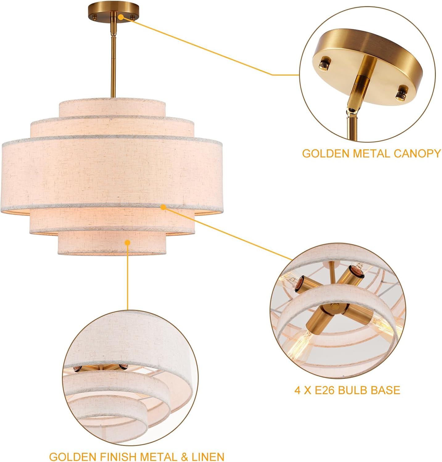Modern Drum Chandelier Vintage Modern Chandelier Light Fixture with Linen Shade Farmhouse Gold Drum Chandeliers for Dining Room, Kitchen Island, Living Room, Bedroom