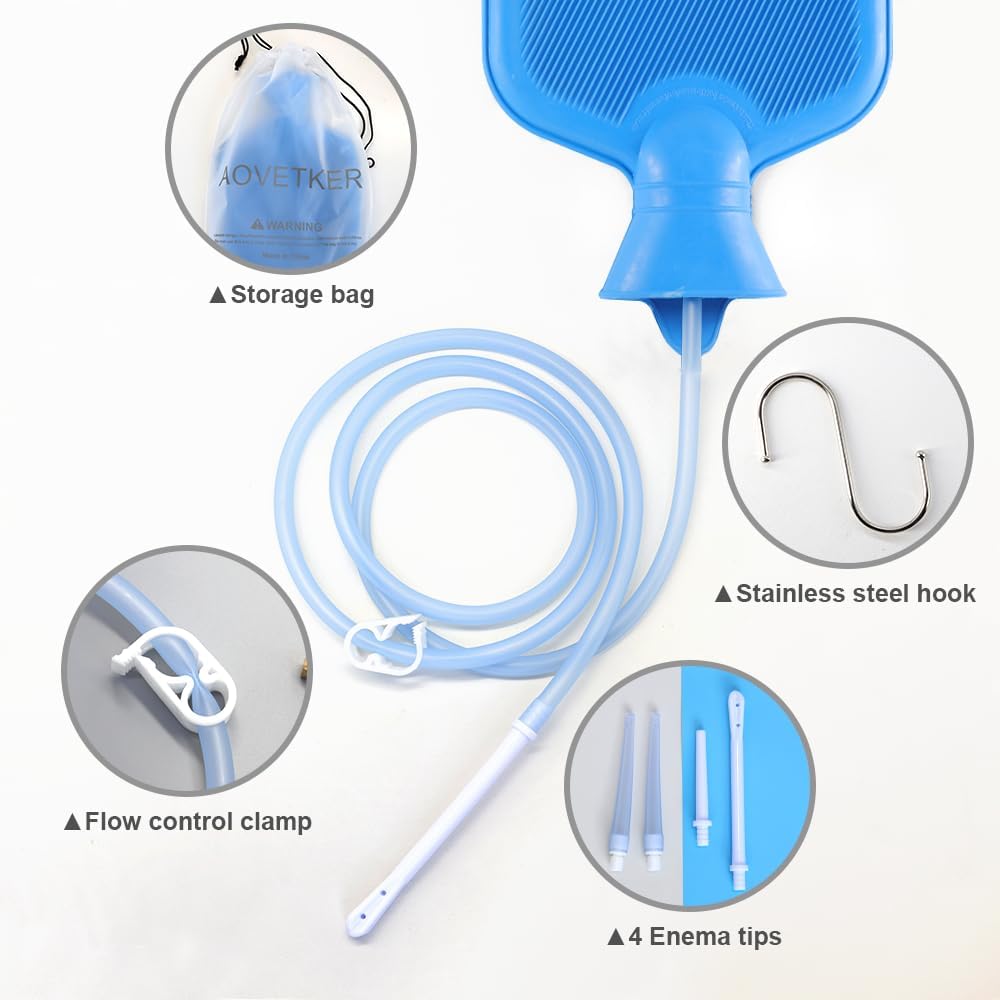 Enema Bag Kit for Women & Men, Colon Cleanse Enema Bag 2L with 4 Tips & Flow Control Clamp, 5ft Hose, Hook, Storage Bag