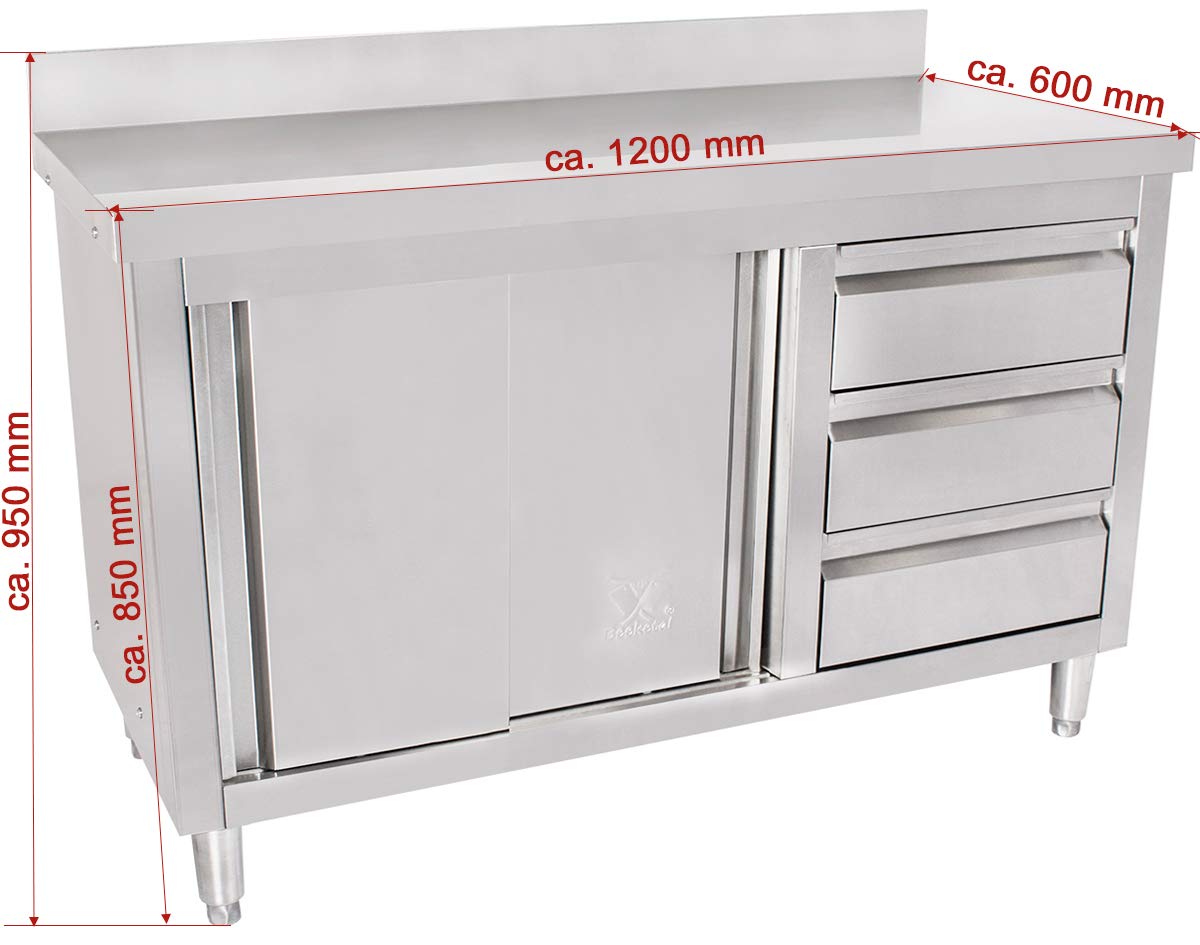 Beeketal 'BAS120-60R' Gastro Edelstahl Küchenschrank mit 3 Schubladen (rechts), 2 Rolltüren und 4 verstellbaren Standfüßen, Küchen Arbeitsplatte mit 10 cm Aufkantung - (L/B/H) ca. 1200 x 600 x 950 mm