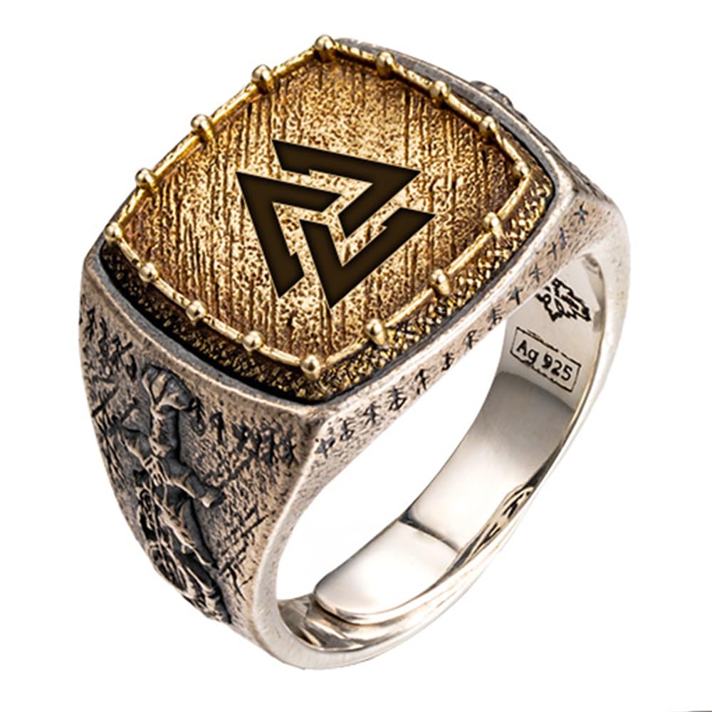 Zweifarbiger Wikingerring aus 925er Sterlingsilber mit Runen, Drachenschwert, nordischer Schmuck für Männer, offen, verstellbar