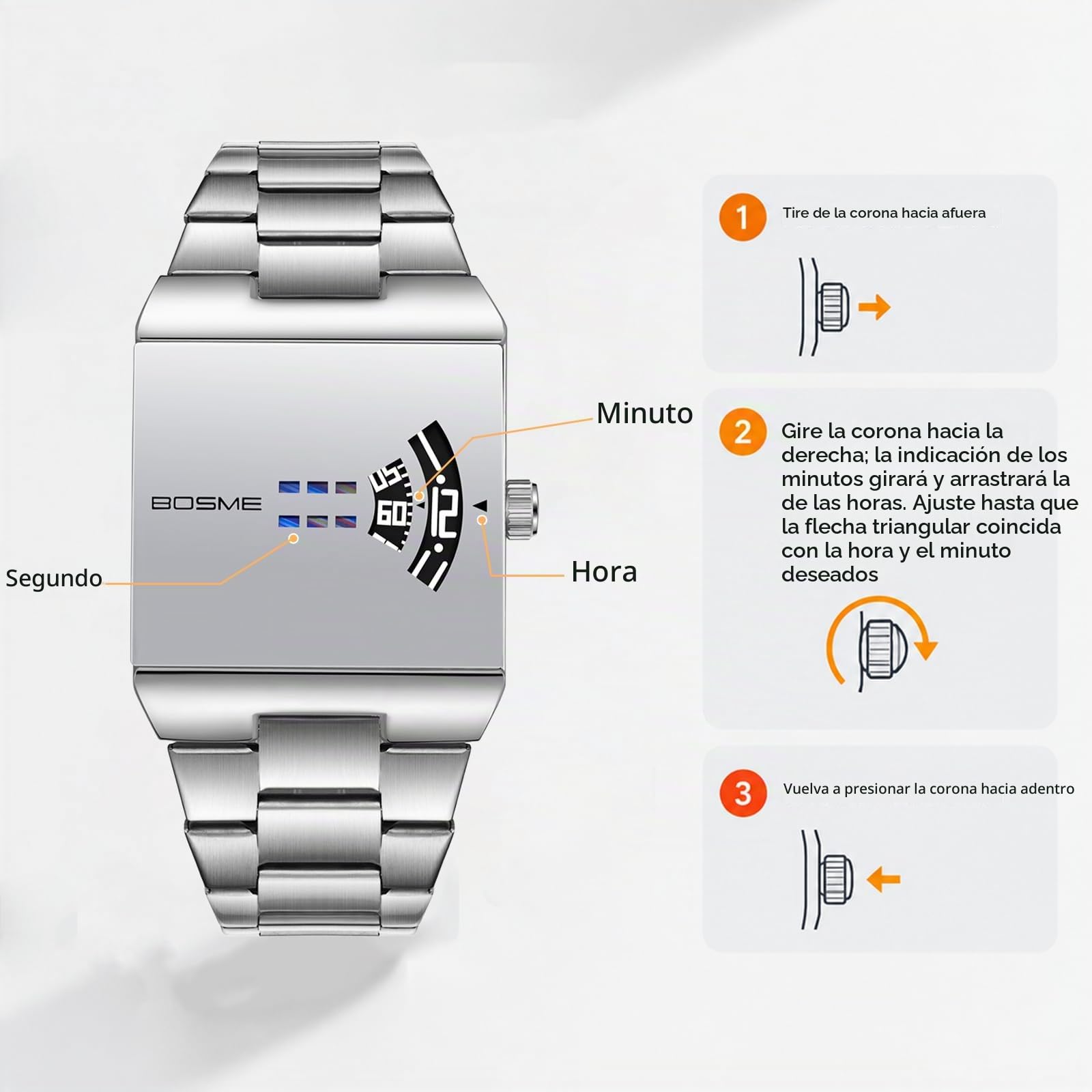OIDEA - Reloj para hombre, cuadrado, cuarzo, caja plateada, pulsera de acero inoxidable, desmontable, esfera plateada, pantalla sin agujas, estilo Jump Hour Y2K Hip Hop, regalo para hombre