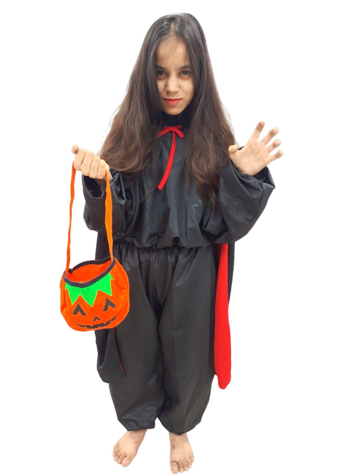 BookMyCostume Polyester Buy Black & Red Reversible Dracula Vampire Cape Cloak with Pumpkin Basket Halloween Party Costume Accessory for Boys & Girls 7-8 Years
