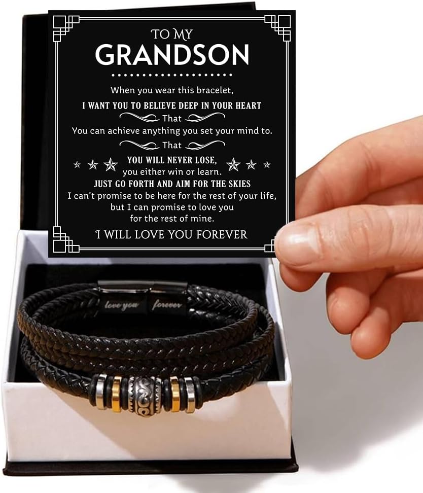 To My Grandson Bracelet from Grandma Grandpa With Heartfelt Message & Elegant Box, Braided Leather Bracelets Gifts For Grandson, Birthday, Graduation, Christmas Gifts For Grandsons - Image 2