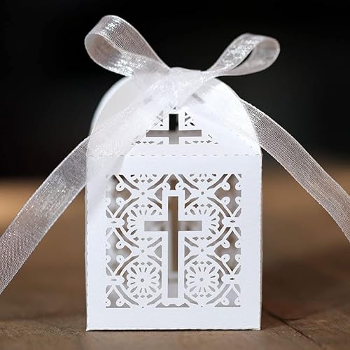 Miniatura 2 de Surakey Cajas de regalo de bautismo, 50 cajas de dulces con cinta hueca y cruz, cajas de regalo plegables, regalo de boda, chocolate, decoración de