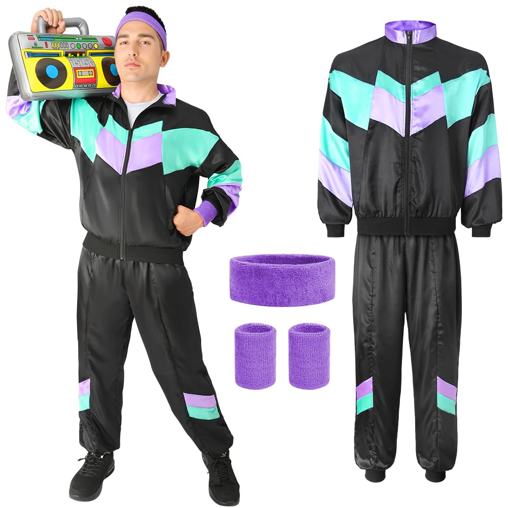 Aomig Zestaw akcesoriów do kostiumu w stylu lat 90., 80-tych, 5 sztuk, retro, dres treningowy, unisex, dyskoteka, strój na całe ciało, kurtka, spodnie, bransoletka i opaska na czoło w stylu lat 80