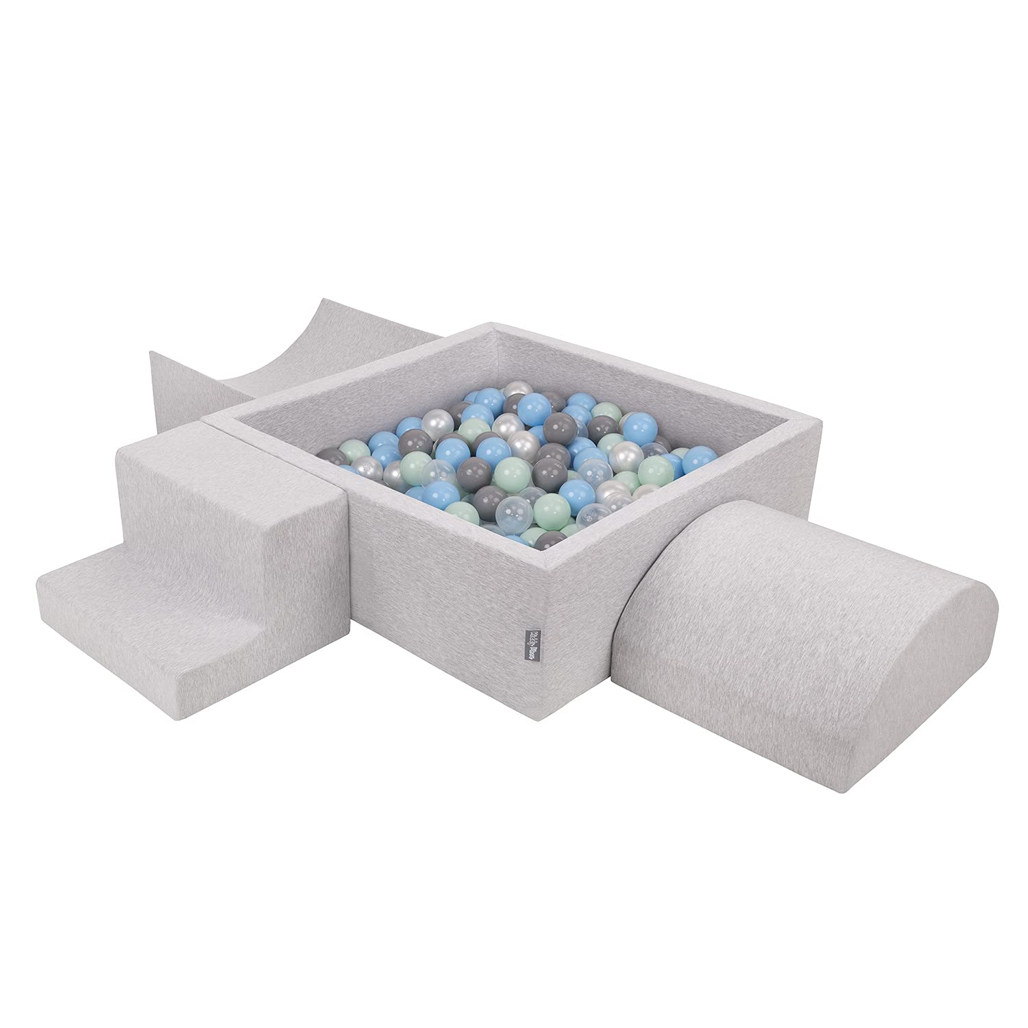 KiddyMoon Foam Playground For Kids With Square Ballpit (300 Balls ∅ 7Cm/2.75In) Soft Obstacles Course And Ball Pool, Made In The EU, Lightgrey:Pearl/Grey/Transparent/Babyblue/Mint — image 1
