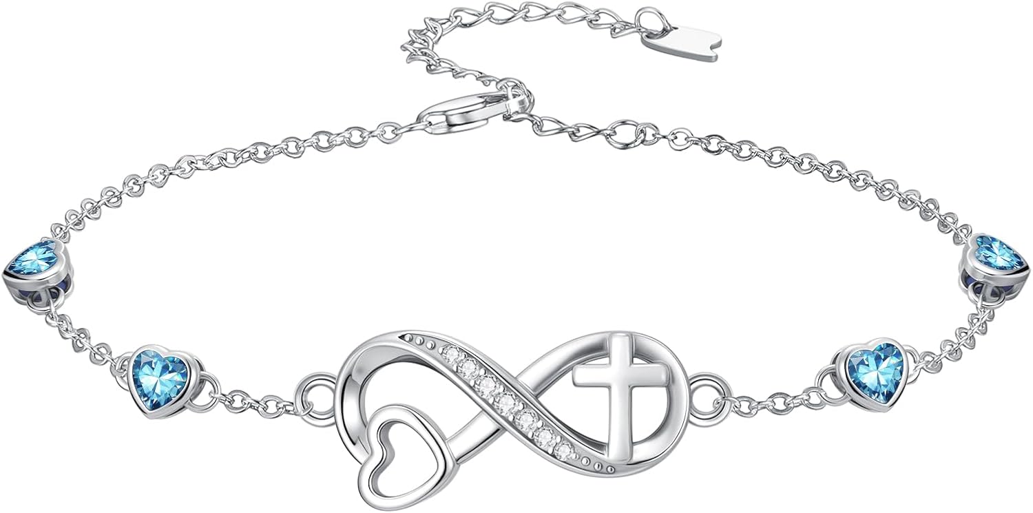 Birthstone Bracelets for Women 925 Sterling Silver Link Birthstone Bracelet Charm Adjustable Birth Stone Jewelry Gifts for Her(with Infinity Cross Heart)