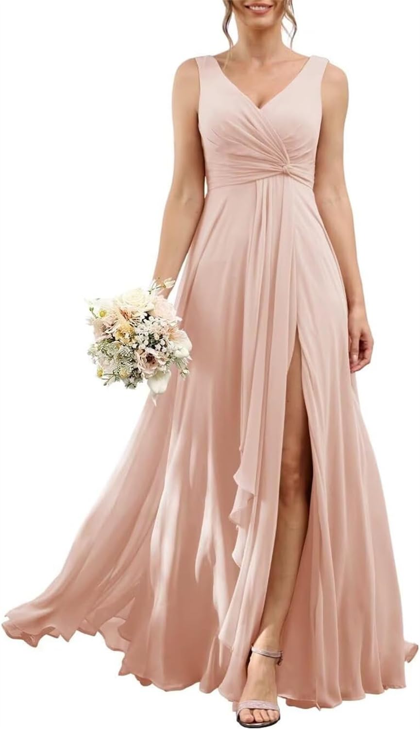 Yiann Women's Blush Pink Pleated Bridesmaid Dresses Long With Slit 2024 V Neck Chiffon Bridesmaid Dress With Pockets Uk8