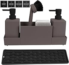 CAUTIOUS 350ml Sink Organizer with Brush, Soap Dispenser, Sponge for Dishwasher, Plastic Set, Dish Organizer with Two Soap Dispensers, Kitchen Organizer (Brown)