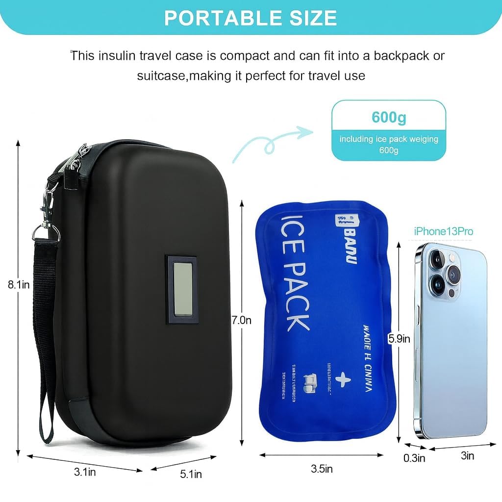 suzamed Diabetic Medicine Organizer with Temperature Display, Large Insulin Storage Case with 2 Reusable Cooling Ice Packs for Travel & Daily Use (Black with Temperature) 2
