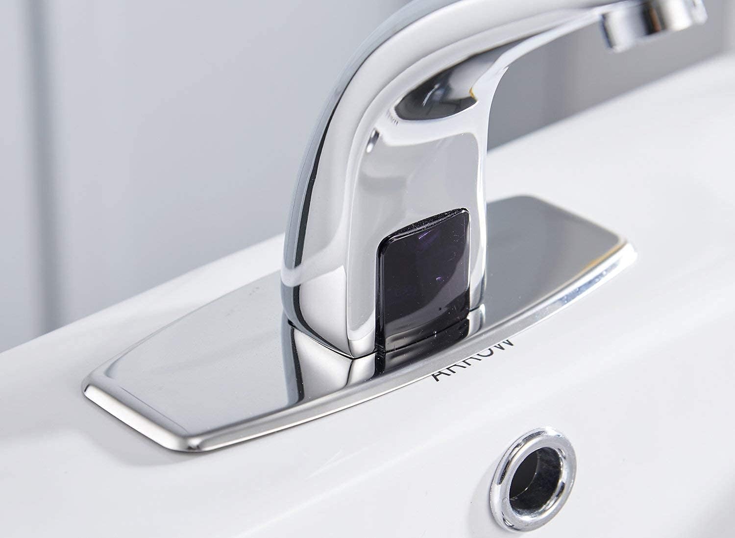 Bathroom Sink Faucet Automatic Sensor Touchless with Hole Cover Plate Hands Free Chrome Vanity Modern Commercial with Control Box and Temperature Mixer with Pop Up Drain with Overflow