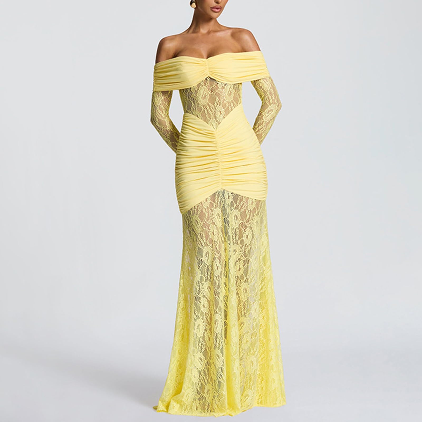 Robe Sirène en Dentelle Jaune, Épaules Dénudées, Taille Froncée, Ourlet en Dentelle Transparente, Idéale pour Les Dîners et Les Soirées