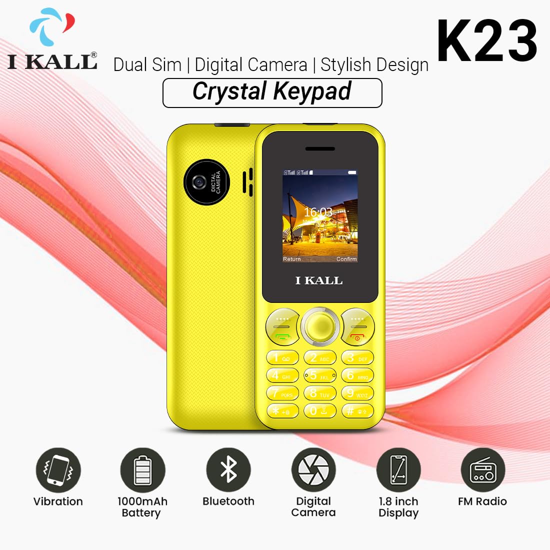IKALL K23 Keypad Mobile Phone : 1.8″ Display, 1000mAh Battery, FM Radio & Vibration, Bluetooth, Crystal Keypad, Compact Music Player (Yellow) IKALL K23 Keypad Mobile Phone : 1.8″ Display, 1000mAh Battery, FM Radio & Vibration, Bluetooth, Crystal Keypad, Compact Music Player (Yellow)