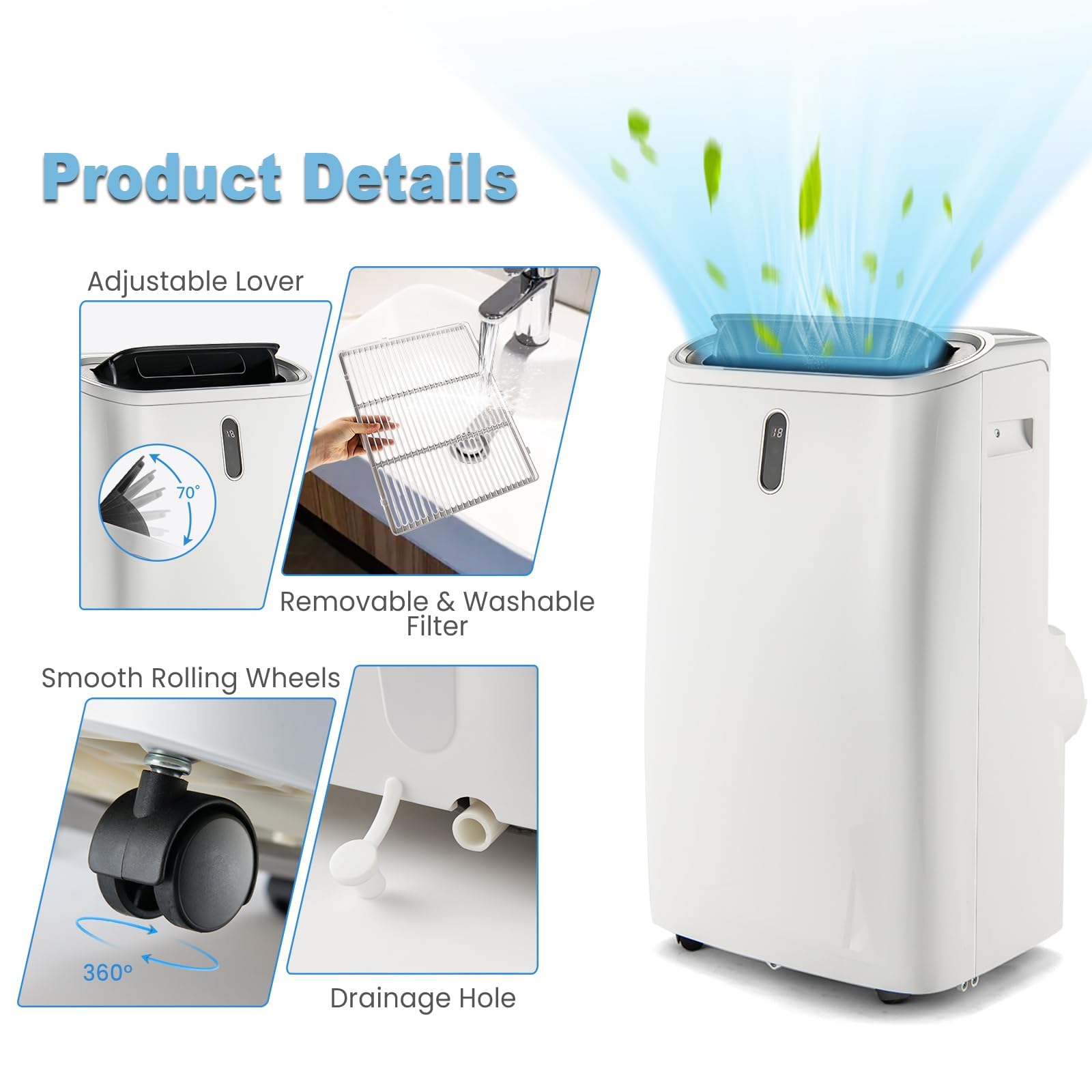 KOMFOTTEU 4 en 1 Aire Acondicionado Portátil 14000BTU 4 Modos
