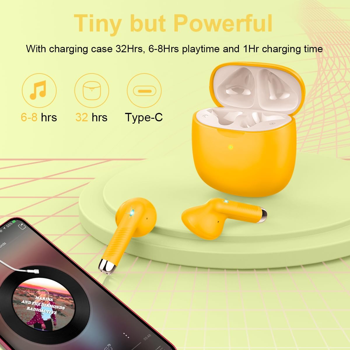 Wireless Earbuds, Bluetooth 5.4 Headphones in Ear with Noise Cancelling Mic, Bluetooth Earbuds Stereo Bass, IP7 Waterproof Sports Earphones, 32H Playtime USB C Charging Ear Buds Yellow for Android iOS - Image 7