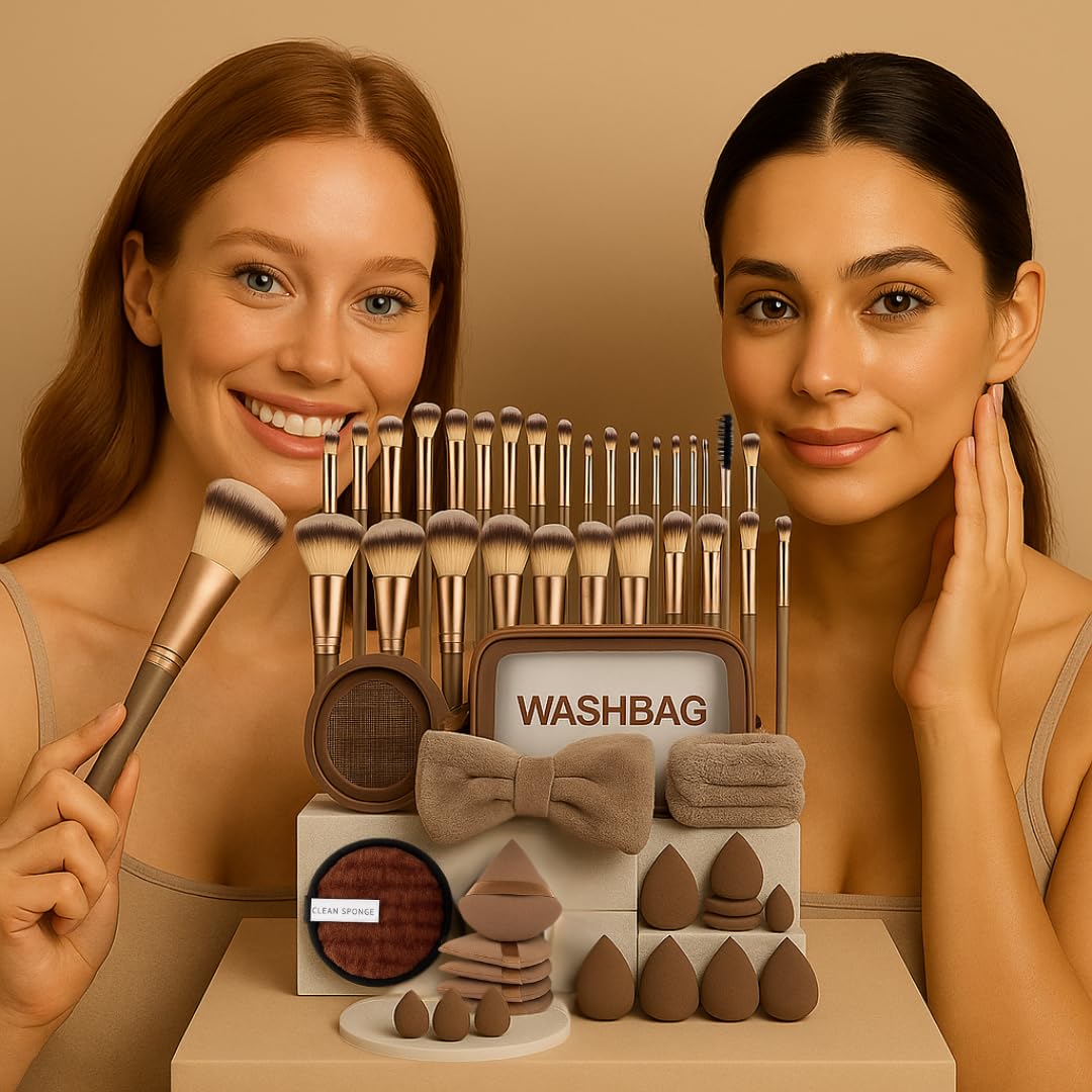 56-teiliges Make-up Pinselset mit Schwämmen, Stirnband & Tasche – Profi-Qualität