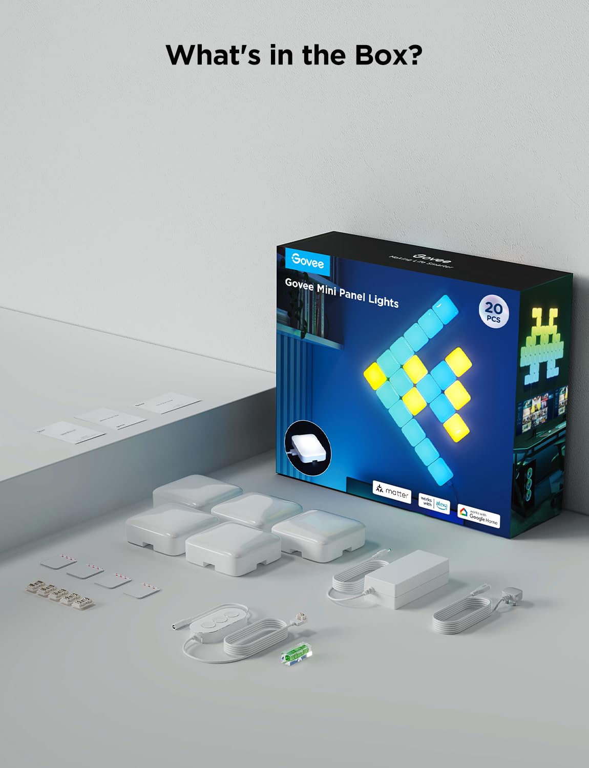 Govee Mini panel de luces, paneles de pared LED RGBIC, panel de luz de cubo DIY, funciona con Matter, Alexa, asistente de Google, para sala de juegos, dormitorio, sala de estar, paquete de 20