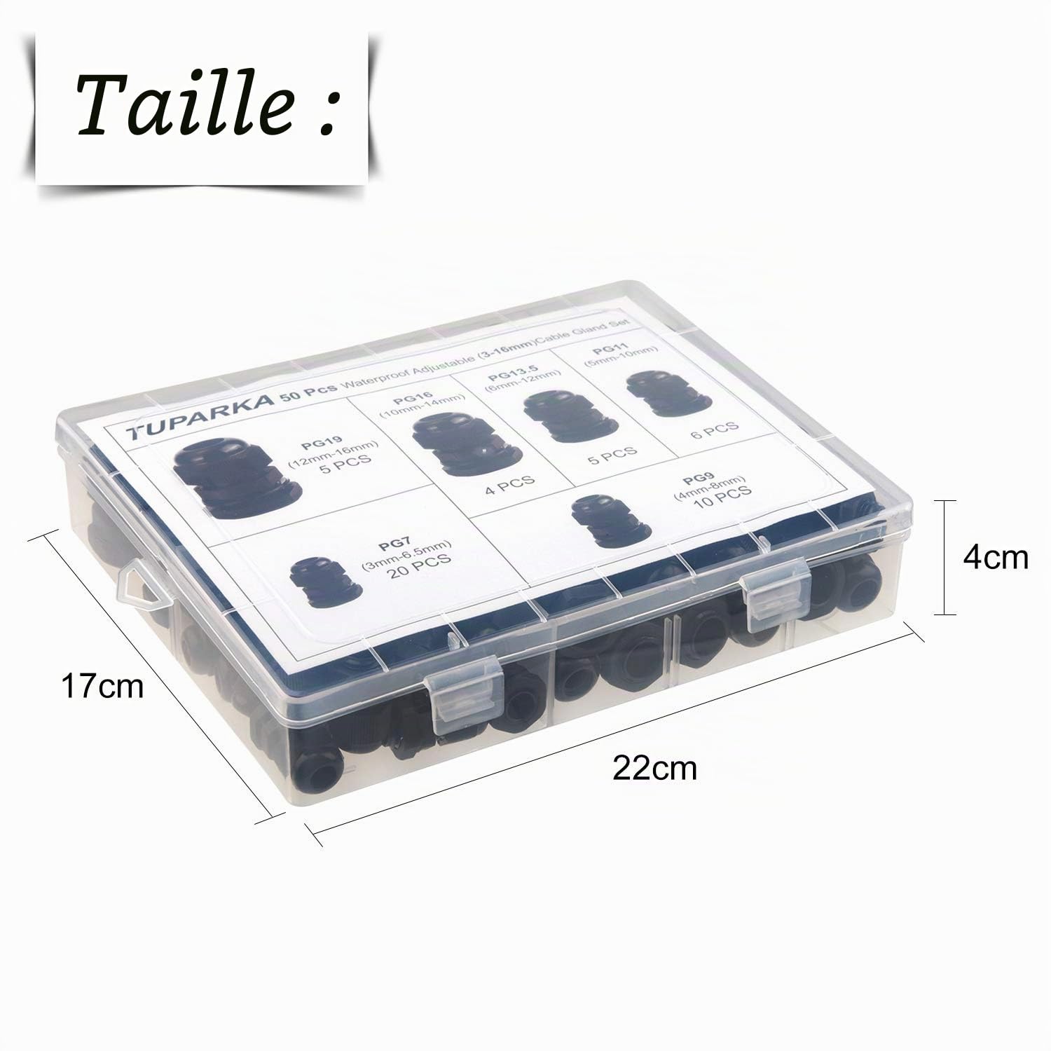 TUPARKA Lot de 50 Presse-étoupes étanches réglables 3–16 mm en Plastique avec Joints d'étanchéité dans Une boîte en polypropylène