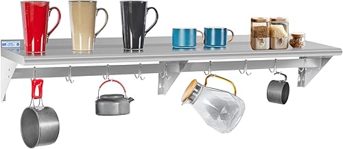 Miniatura 28 de Hally Estante de acero inoxidable con 6 ganchos de 14 x 36 pulgadas montado en la pared, 300 libras, estantería flotante comercial NSF para Con