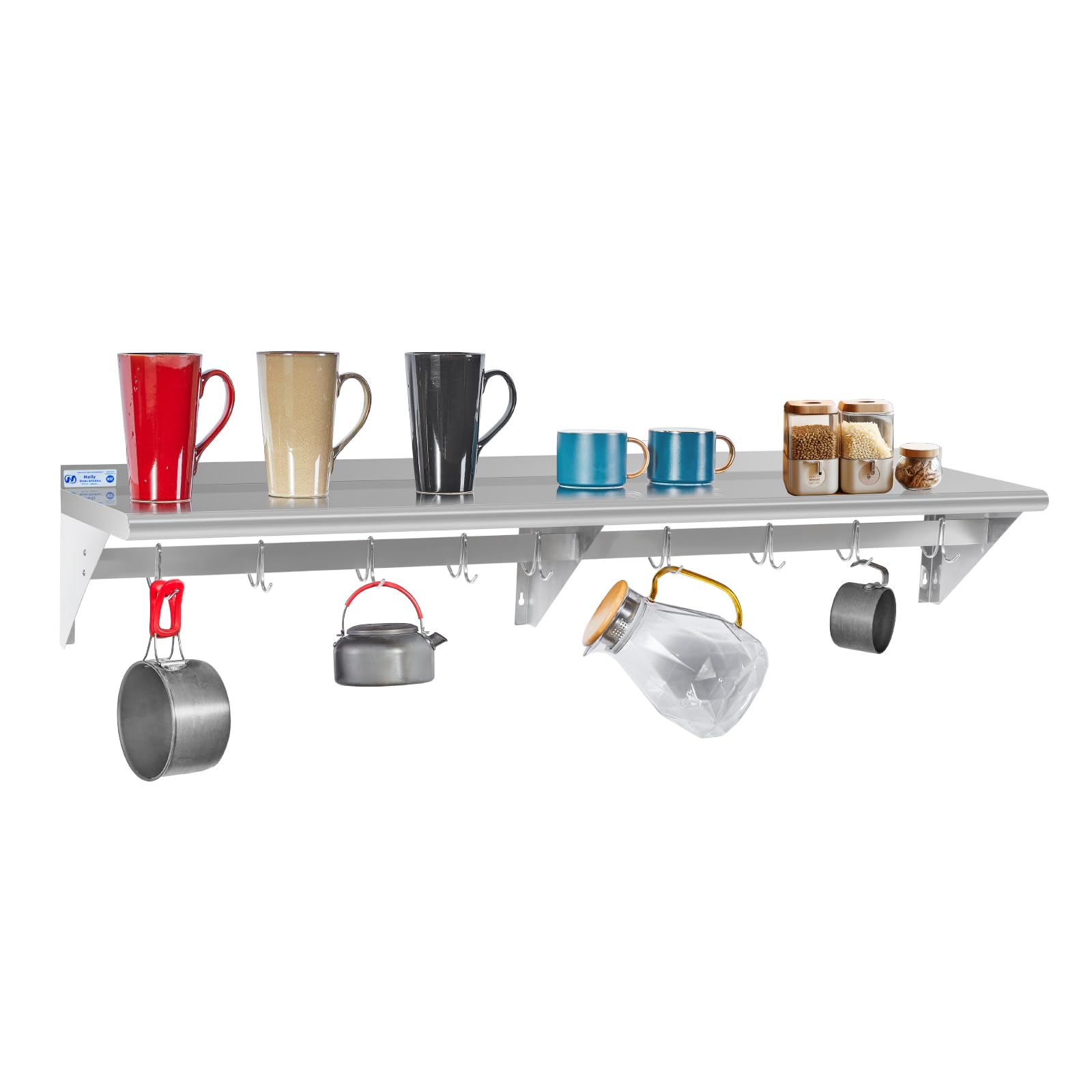 Hally Stainless Steel Shelf with 8 Hooks 14"x72" Wall Mounted Pot Rack NSF
