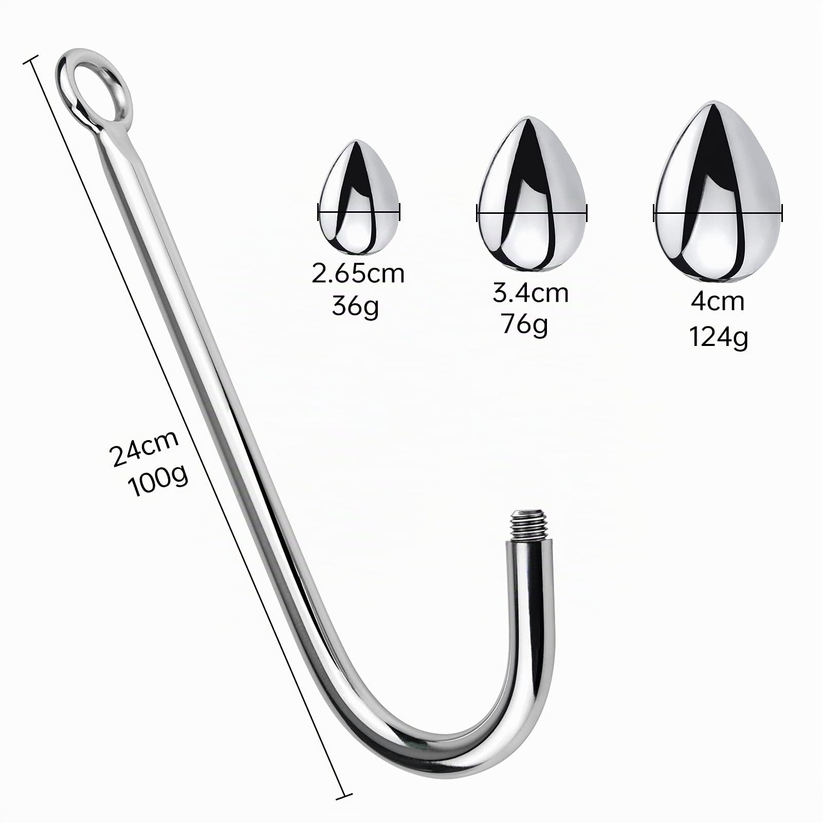 SXOVO Gancio Anale Gancio Anale per Bondage 24 cm con 3 sfere intercambiabili Ø 26,5 mm, 34 mm, 40 mm Gancio Butt plug in Metallo con sfera in Acciaio (Piccolo + Medio + Grande)