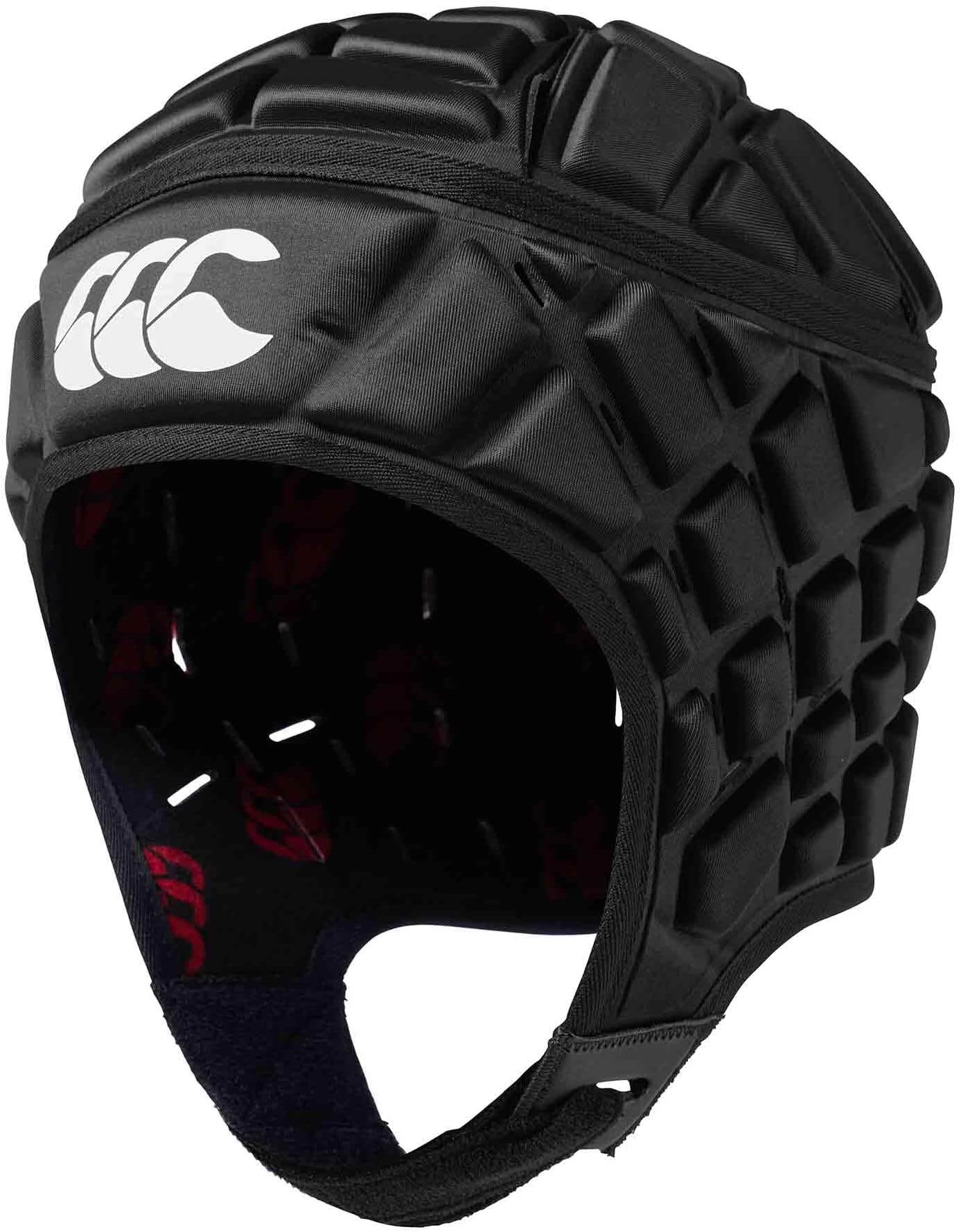 Canterbury Unisex Raze Rugby Headguard | Scrum Cap, Full Coverage | Soft-Edged Chin Strap | Designed Holes Aid Ventilation | Foam Padding Headguard, Black/True Red, L