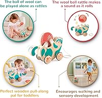 Vista 2 de Hape Juguete de madera Walk-A-Long para gatito, juguete de tirar y sonajero para niños pequeños, juguetes Montessori para caminar niños pequeños