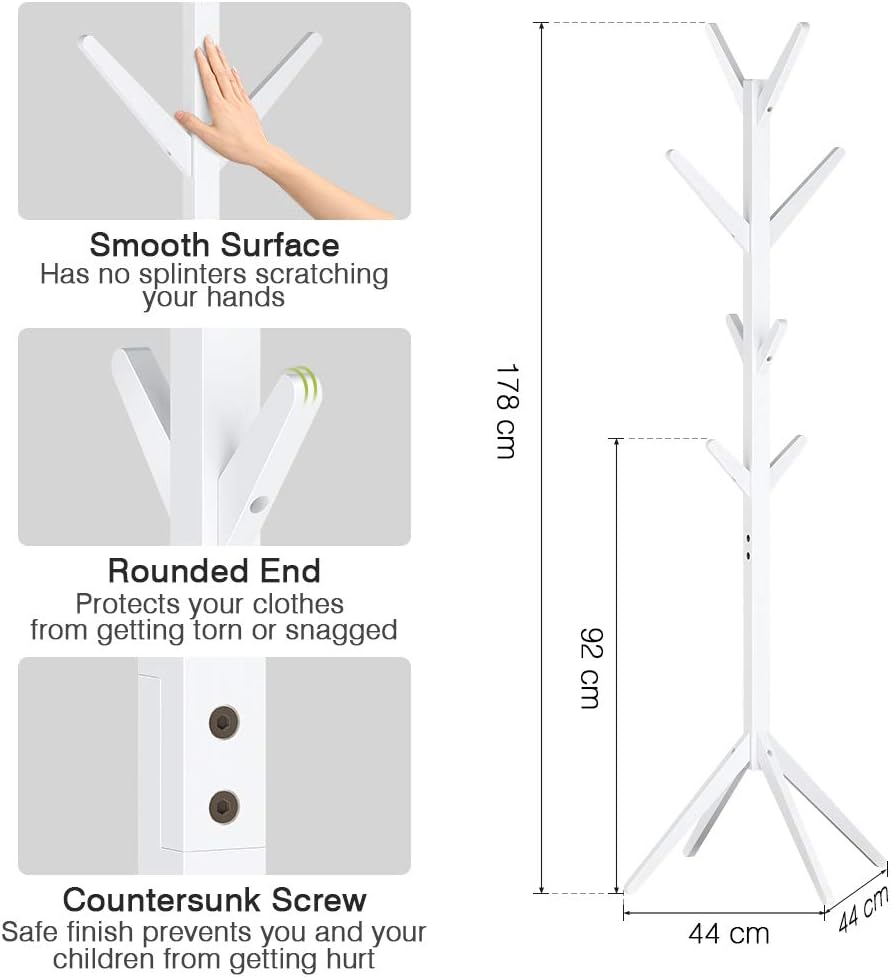 LANGRIA Free Standing Bamboo Tree-Shaped Display Coat Rack Stand with 4 Tiers 8 Hooks Solid Feet Suits Hallway Room Home Office, Clothes Organizer for Clothes Scarves Hats (White)