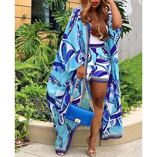 Womens 2 Piece Outfits Floral Print Long Cardigan Cover and Shorts Set4