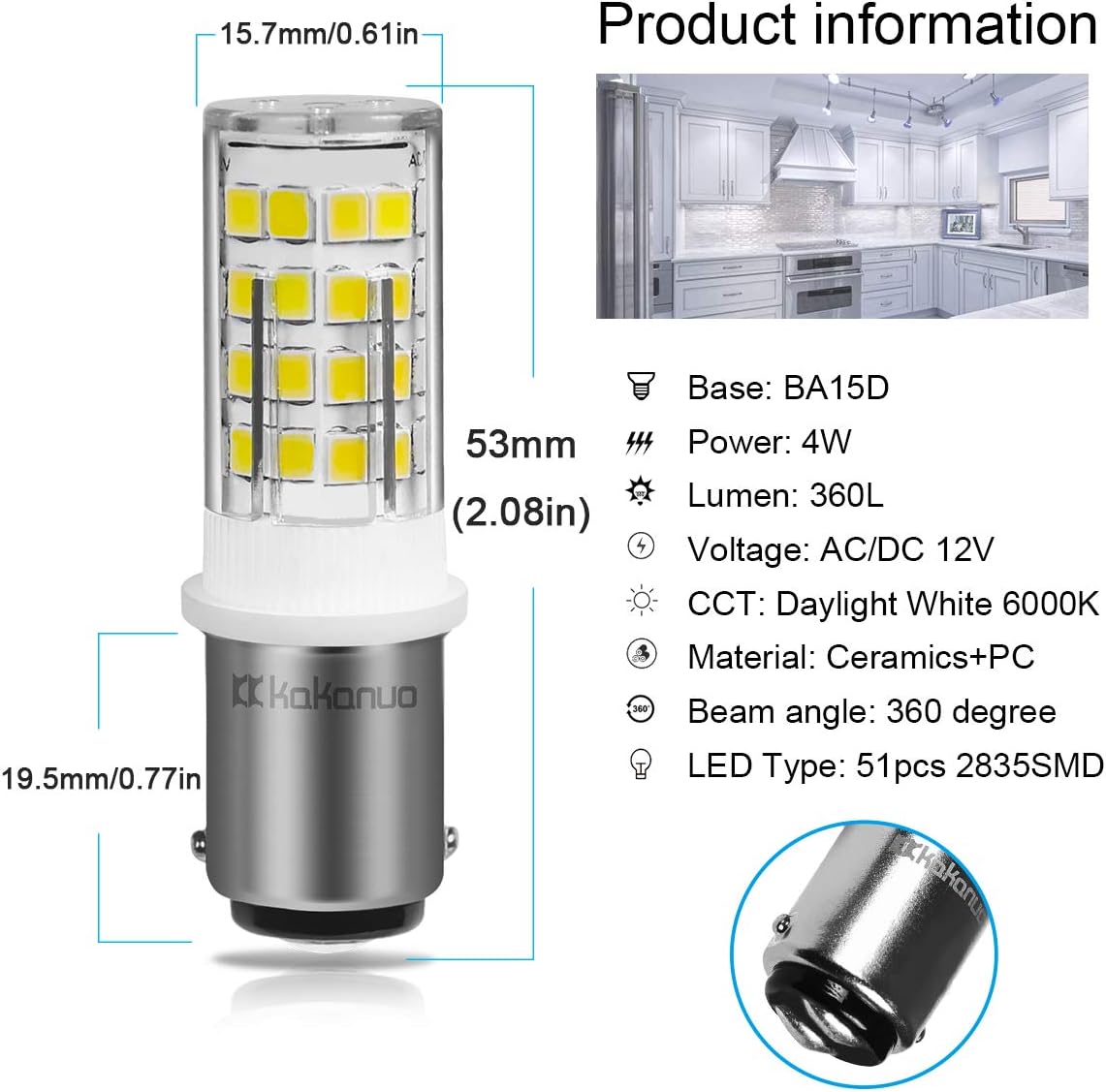 Kakanuo BD15D LED Bulb, 12V Double Bayonet Base Sewing Machine Light Bulb 4W Cool White 6000K,No-Dimmable,2 Pack