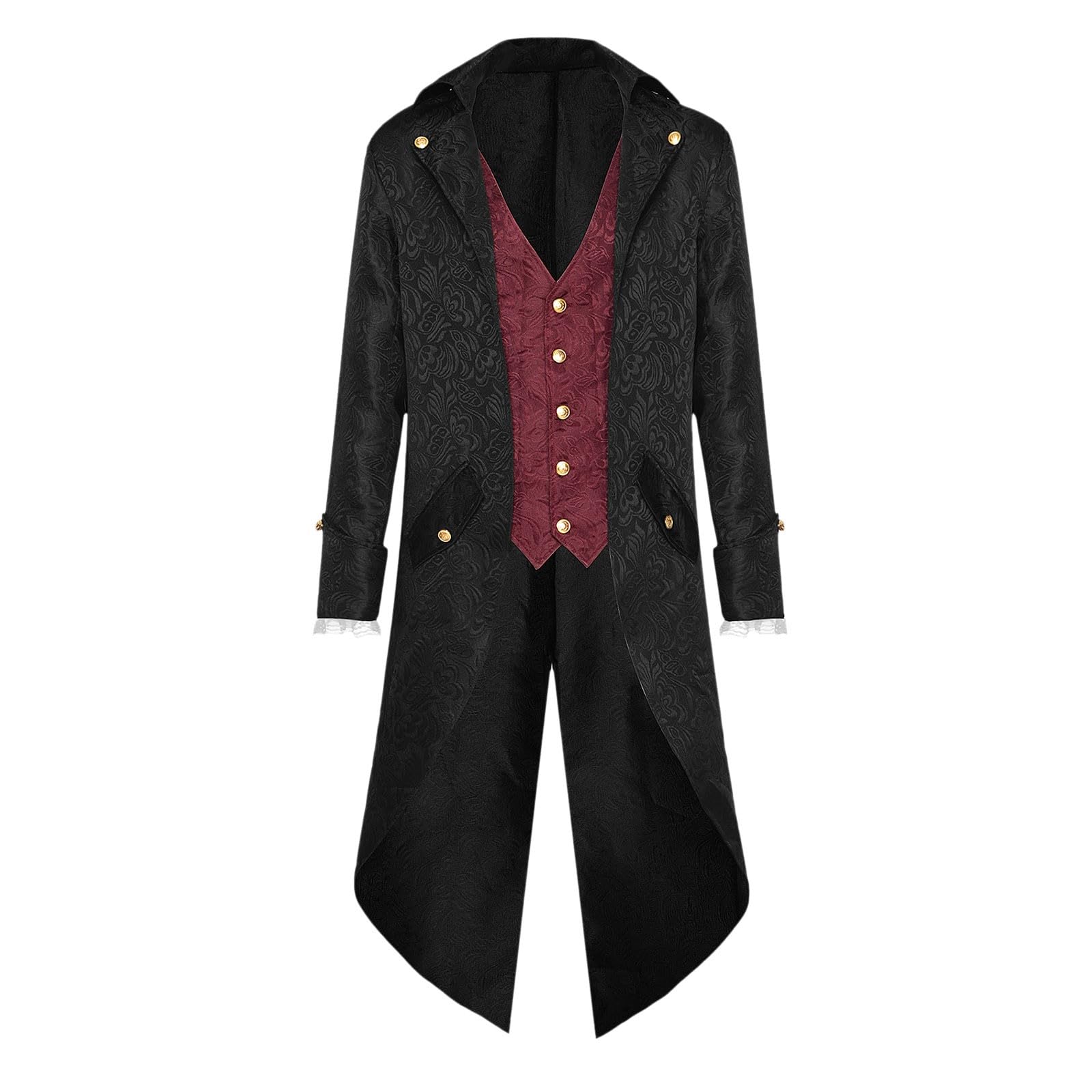 Steampunk Herren Mantel, Gothic Jacke Herren Midi, Klassisch Schwarz Frack Retro Mittelalter Gehrock Viktorianische Hof Anzugweste Elegant Tuxedo Piraten Vampir Cosplay Kleidung Halloween Kostüm